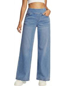Heathyoga - Jeans de pierna ancha para mujer, cintura alta, pantalones holgados para mujer, pantalones de mezclilla elásticos de pierna recta, pantalones de mezclilla - Denim azul marino - Ver 10