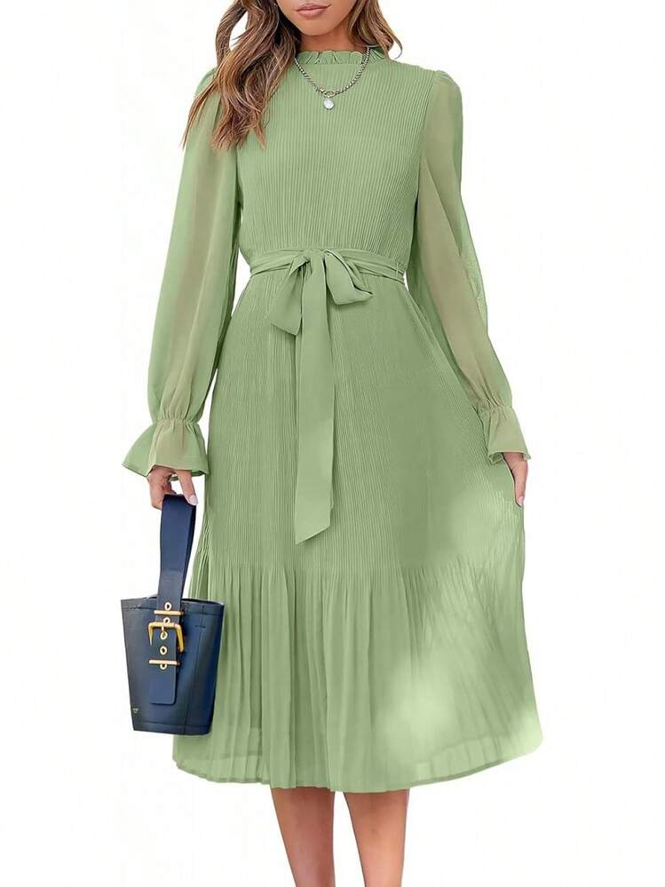 ANRABESS - Vestido midi floral para mujer, manga larga, con volantes, de gasa, acampanado, plisado, con cinturón, vestido de fiesta para té - Azul - Añade 15