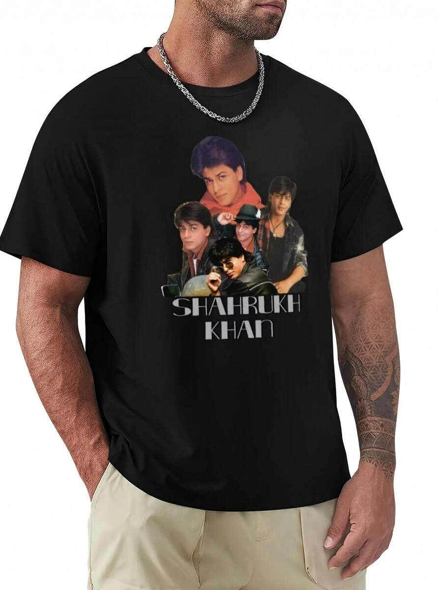 Shahrukh Khan Vintage Graphic T-Shirt For Men | Quick-Drying, Casual Crew Neck, Short Sleeve, Geometric Pattern, All-Season Clothing, Casual T-Shirt | Graphic T-Shirt - 黑色 - 查看 1