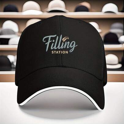 1pc 's Retro Sandwich Baseball Cap - Vintage Filling Station & Cute Sandwich Print Adjustable, Breathable% Polyester Non-Stretch Hat Casual Wear, Parties, Themed Events (Black With White Brim, Filling Lettering)