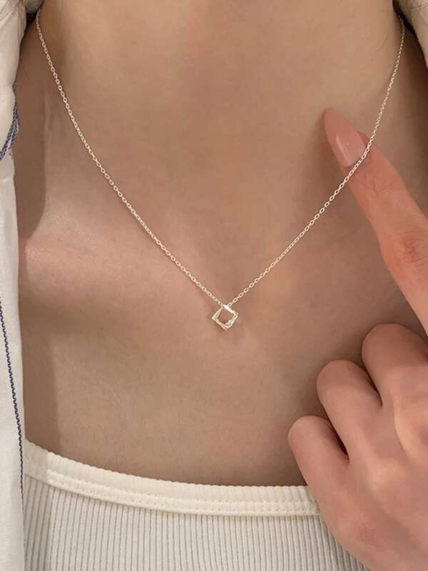 925 Sterling Silver Square Geometric Necklace For Women, Minimalist Elegant Collarbone Chain