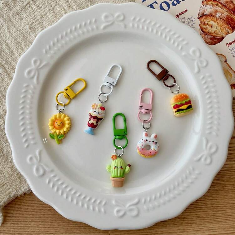 5件組可愛卡通食物與植物鑰匙圈，創意彩色門鉤與包包吊飾，兔子甜甜圈向日葵漢堡冰淇淋，甜美可愛日常配件 - 彩色 - 查看 5
