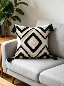 1pc Black Rhombus Pattern Pillowcase, Bohemian Style Embroidered Four-Corner Tassel Fringe Craft, Nordic Daily Room Bed Head Decor Cushion, Living Room Office Sofa Cushion Cover, Outdoor Garden Patio Fabric Decor Pillowcase, Holiday Party Decor Pillowcase, Lounge Chair Cushion, All Seasons Universal, Without Insert, 30*50 45*45cm - Black and White - View 12