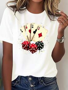 Women's 100% Cotton T-Shirt With Dice And Four Aces (4, 3, 2, 1) Designs - Casual Gaming-Themed Clothing, Machine Washable And Comfortable, Suitable For Poker Parties And Everyday Wear - 紅色 - 查看 9
