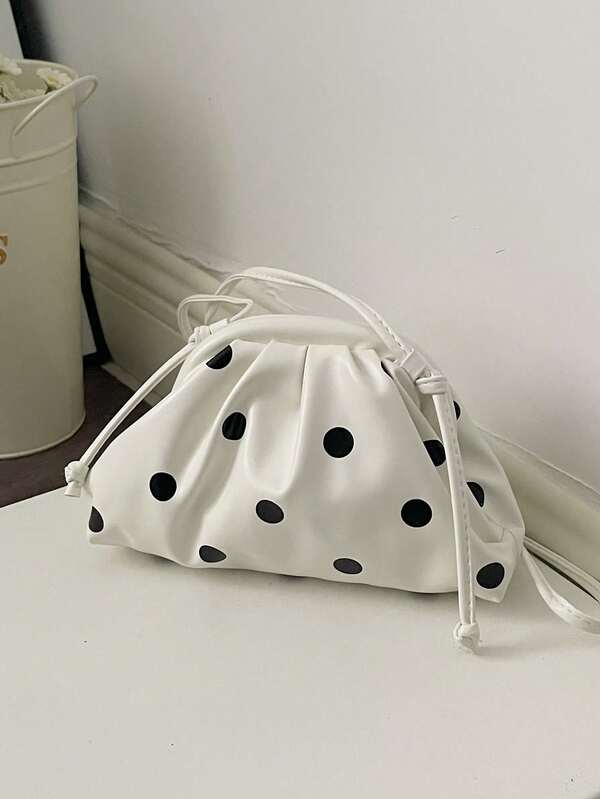 New Mini Clasp Bag Women's Vintage Black & White Polka Dot Pleated Cloud Dumpling Bag Fashionable High-End Versatile One Shoulder Crossbody Bag