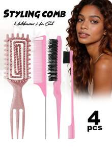 4 Peças Conjunto de Pentes para Penteado, Escova para Cabelo Cacheado (Modelagem Ventilada), Escova de Desfiar, Pente de Cauda de Rato, Escova de Borda (Estilo Palha de Trigo) para Escovação de Borda e Costas, Penteado, Ideal para Todos os Tipos de Cabelo - Multicolorido - Visão 2