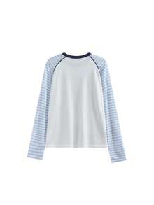 Women's Slogan Striped Long Sleeve Crew Neck Casual T-Shirt - Blue - View 7