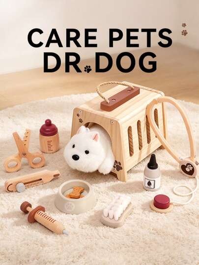 Children's Wooden Pet Care Toy Simulation Puppy Clinic Role Play Set Educational Early Learning Multi-Function Game Box 3-6 Years Old Pretend Play Toy