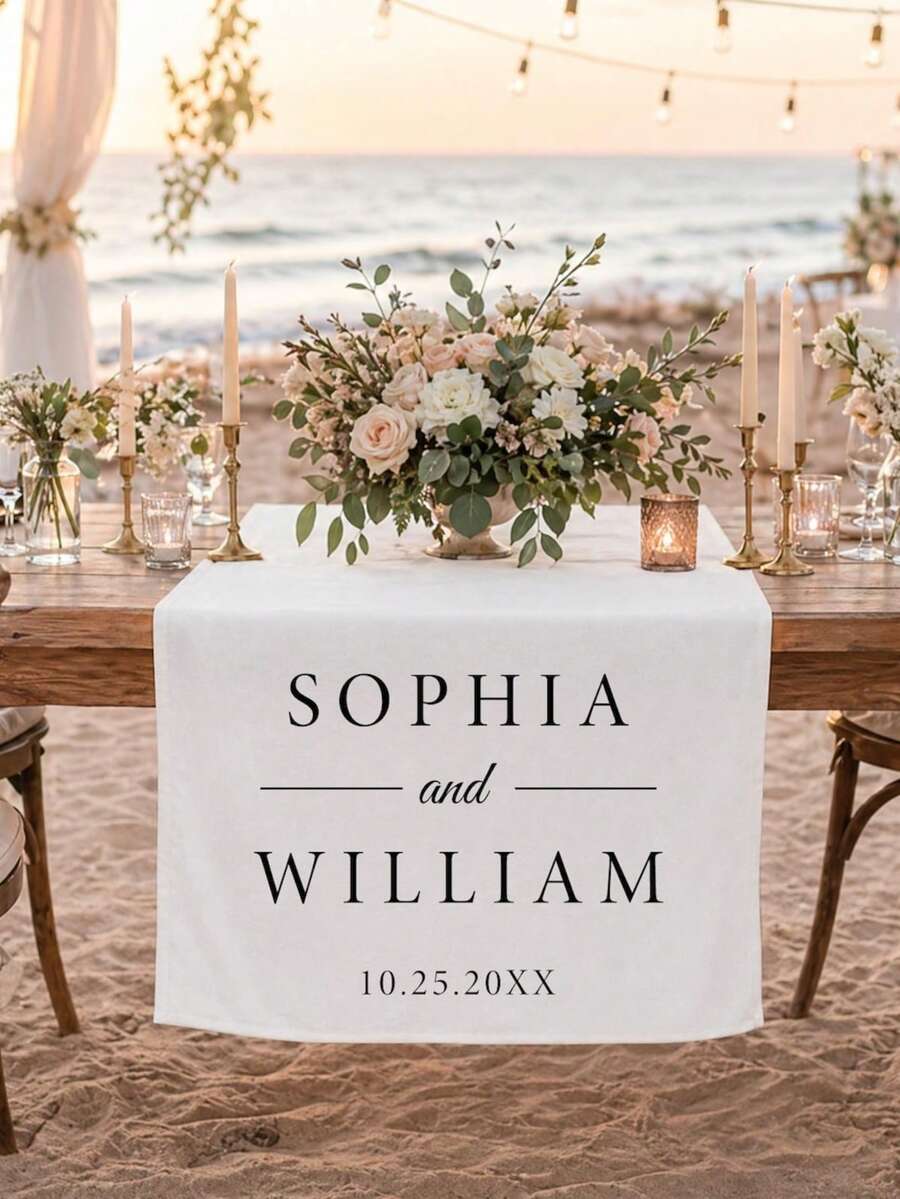 Custom Linen Wedding Table Runner, Newlywed Sweet Table Sign, Elegant Ceremony Decor - Multicolor - View 1