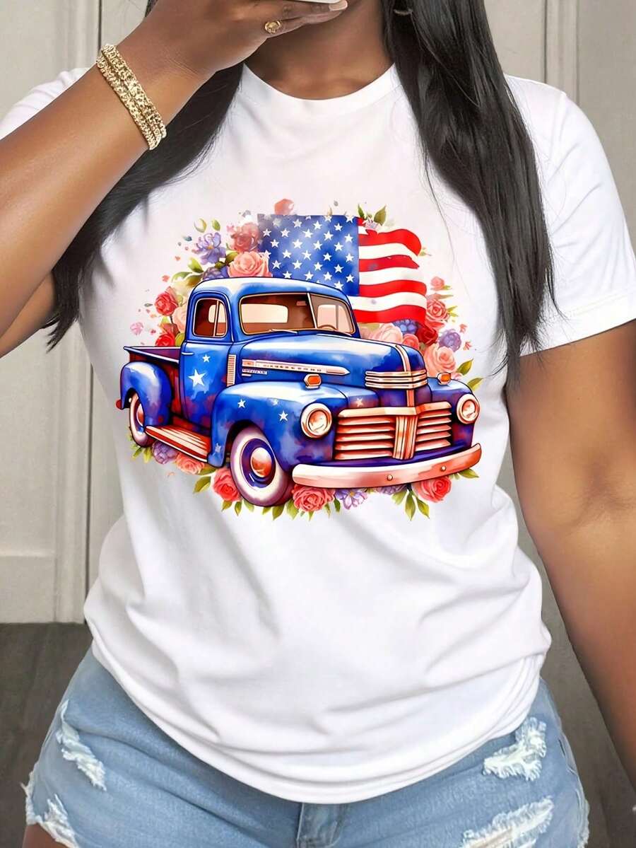 1 Piece Women's Casual Loose Fit Crew Neck T-Shirt, Blue, Vintage American Flag Floral Print, Patriotic, For Independence Day Celebration, Outfit D - 白色 - 查看 1