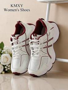 Baskets Épais à semelle épaisse pour femmes KMXY, printemps/automne, chaussures décontractées à talon compensé bas en maille respirante, légères et polyvalentes, à lacets, coloris blanc/gris/blanc, chaussures de sport et de course toutes saisons - Rouge - Voir 7