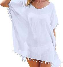 Vestidos de Playa Bañadores de Playa con Flecos de Gasa para Damas para Cubrir Faldas de Traje de baño, Vestidos Sueltos de Verano Bikini(Blue,Gold) - B - Ver 2