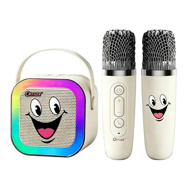 Omax K12 1-In-1/2-In-1 Beige Smiling Face Portable Karaoke Speaker, Bluetooth Karaoke Speaker, Portable Karaoke Device, High-Quality Sound, Voice Changer Effect, Colorful Atmosphere Light, Suitable For Home, Outdoor, Party Karaoke, Christmas, Holiday, Birthday Perfect Gift, Long Battery Life, Speaker Battery DC3.7V/800mAh, Microphone Battery DC3.7V/300mAh