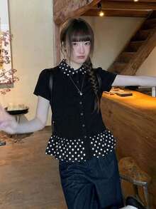 Summer New Black & Polka Dot Puff Collar Short Sleeve T-Shirt, Fitted Flattering Design, Versatile Top Casual - Black - View 2