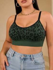 1pc Women's Plus Size Wireless Bra Top, Leopard Print Seamless Full Coverage Bra, Adjustable Wide Strap Anti-Slip Back Support, Medium Elasticity Shaping Bra, Suitable For Casual, Wedding Party And Halloween Occasions - Green - View 3