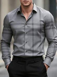 Camisa de manga larga con botones, a rayas y a cuadros, de estilo casual y de negocios para hombres.Camisa formal para hombres.Camisa a cuadros para hombres.Adecuada para uso diario, ir al t - Gris - Ver 13