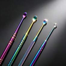 4pcs Colorful Stainless Steel Ear Wax Removal Tool Set, Dual-Head Non-Slip Handle Design, Comes With Portable Storage Box. Rounded Scoop Head For Eardrum, Spiral Head Easily Cleans Stubborn Earwax. Essential Practical Tool For Home, Travel And Personal Ear Hygiene Care. - View 2