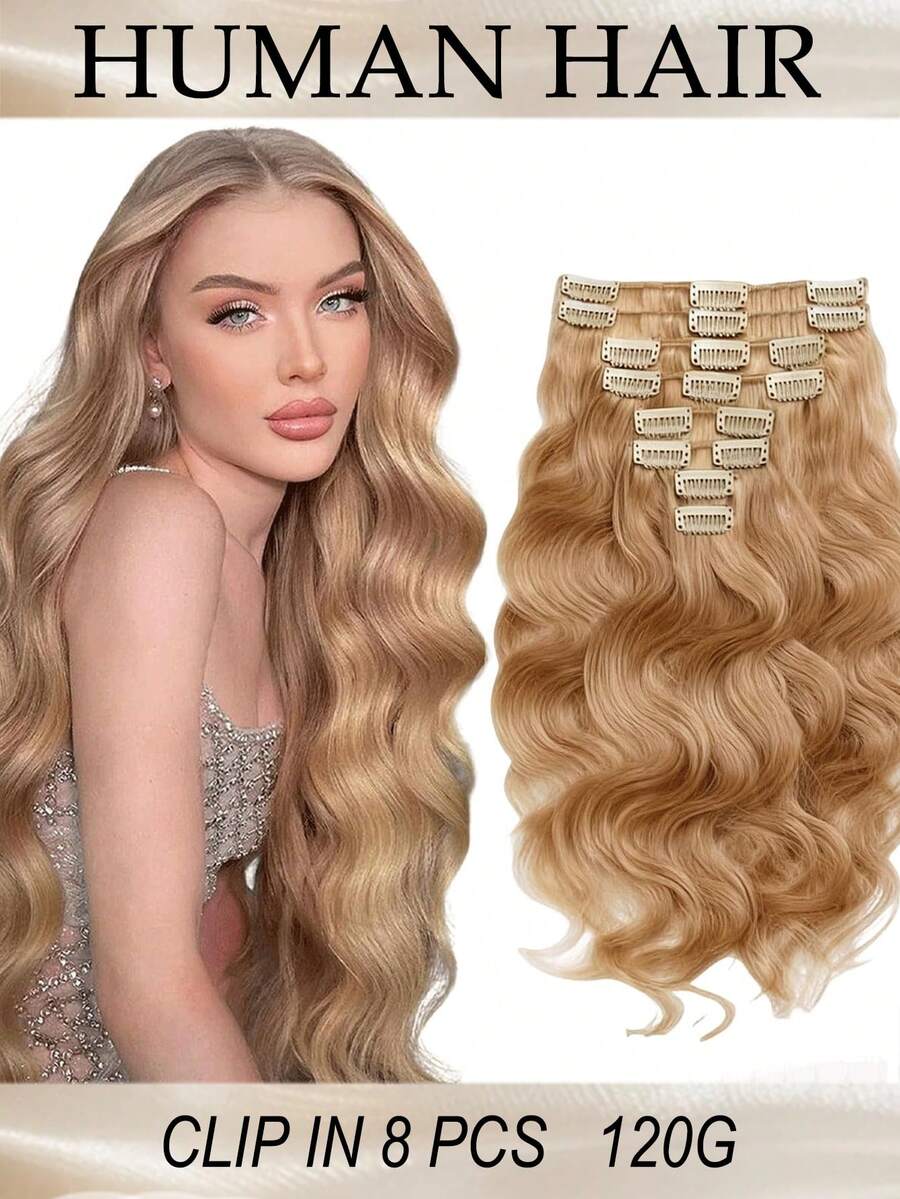 27" 16-24 Inch Wavy Seamless Invisible Clip-In Human Hair Extensions, Women's Curly Clip-In Human Hair Extensions - S27 - View 1