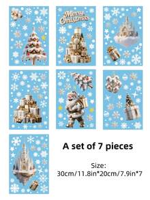 Set Of 7 Christmas-Themed Round Window Decals Featuring A White Santa Claus, Snow Fort, Snowman, Snowflakes, And Christmas Tree. Suitable For Smooth Surfaces; Perfect For Decorating Shop Windows And Interior Windows. Merry Christmas! - View 3