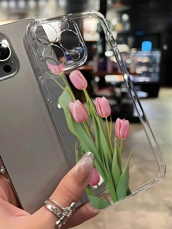 Pink Tulip Flower Lens Protection Transparent TPU Phone Case, Compatible With Apple 17 Air 17Pro Max/16Pro Max/16/15Pro Max/15/14Pro Max/14/13/12/11/XS/XR/X/7/8 And 12/13 Mini/Plus/Pro/Max/SE, Birthday/Valentine's Day/Boyfriend/Girlfriend Gift