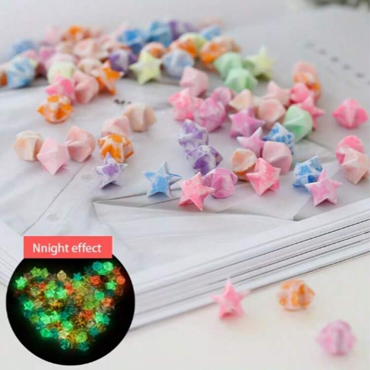 300 PCS Gradient Color Glow-In-The-Dark Lucky Star Origami Paper, Five-Pointed Star Origami, Glowing DIY Handmade Double-Sided Cartoon Origami, Suitable For Birthday Gifts, Decoration Items - Multicolor - View 2