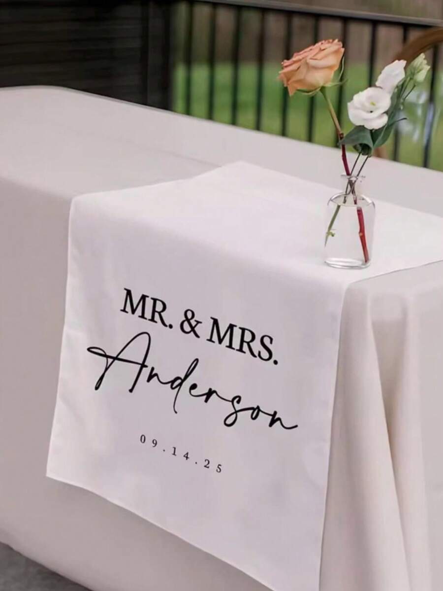 1pc Text Wedding Table Runner - Personalized Surname Linen Banner Sweet Table Decor Elegant Wedding Party Decoration Romantic Gift For Groom And Bride Suitable For Valentine's Day Anniversary Engagement Bridal Shower Wedding Celebration, Boho - Multicolor - View 1