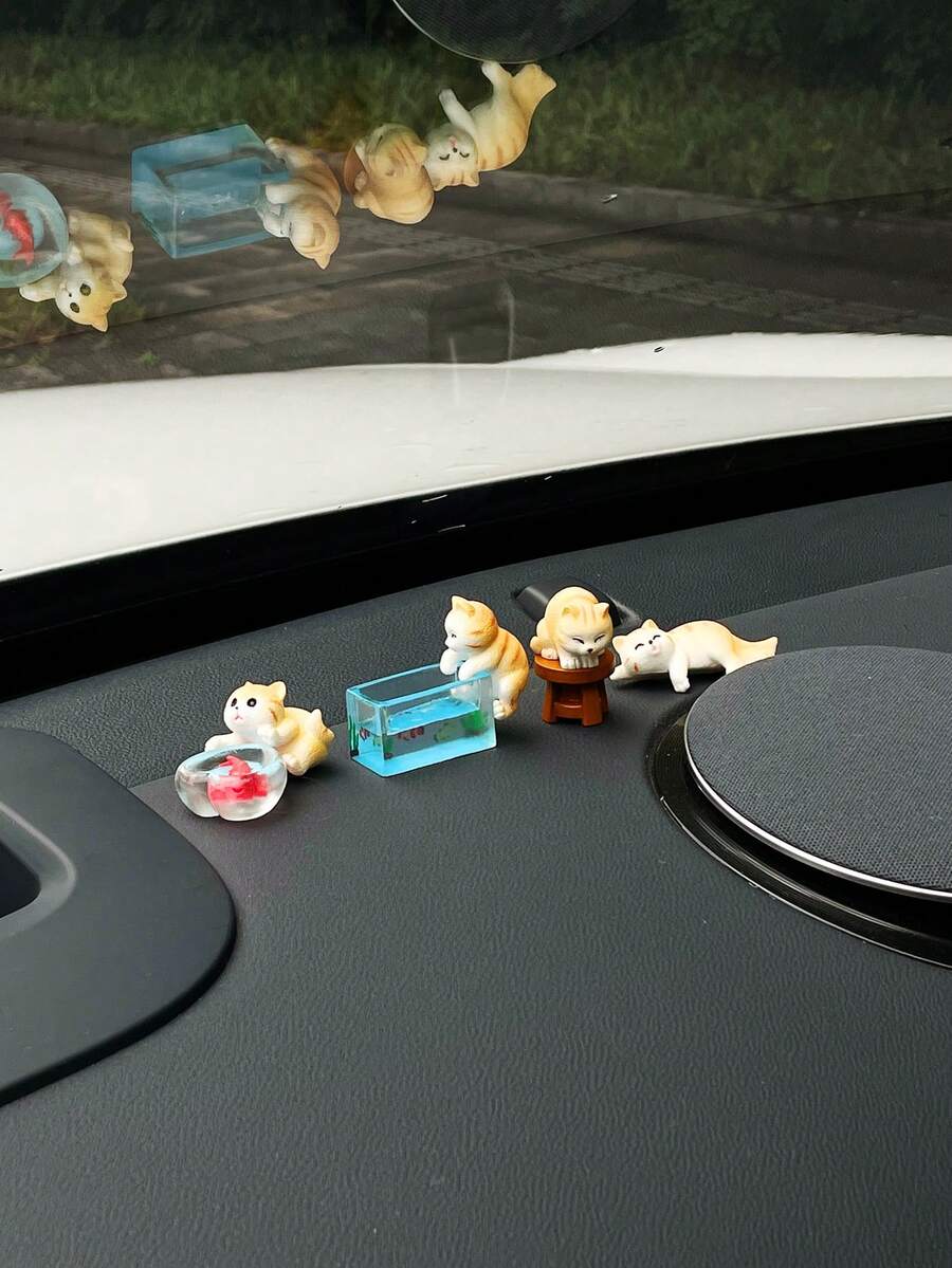 7pcs Set Cute Cat Catching Fish Car Dashboard Decoration, Creative And Fun Mini Fish Tank Cat Car Interior Ornament, Car Interior Decor (Includes Trace-Free Adhesive For Fixing) - Cat Catching Fish - View 1