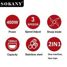 SOKANY 03012 Blender Multifungsi, Penghancur Es, Penggiling, Mixer 3-in-1. 3 Kecepatan yang Dapat Diatur, Dilengkapi dengan Gelas Penggiling, Kapasitas Besar 1,5L, Pisau Stainless Steel, Cocok untuk Penggunaan di Rumah. - Perak - View 5