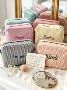 1pc Personalized Embroidered Travel Toiletry Bag/Bridesmaid Gift/Gift For Her/Gift For Mom/Striped Bubble Gauze Makeup Bag/Candy Color Storage Bag/Jewelry Storage Bag - Multicolor - View 6