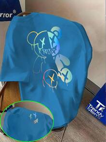 Street Style Printed T-Shirt With Gradient Color Cool Bear Pattern And Creative Graffiti Design, Perfect For Daily Wear To Showcase Personality - 白色 - 查看 11