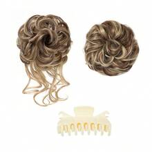 女性用亂髮髻假髮片 夾式馬尾接髮 自然髮接髮片 (棕色混金髮) - 挑染棕色 - 查看 12