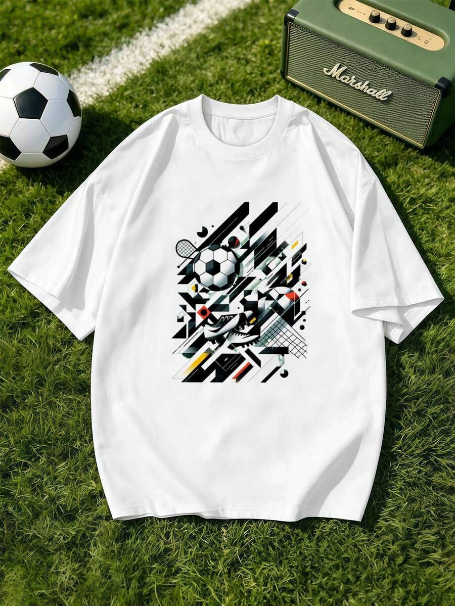 Men's T-Shirt With A Football-Themed Graphic Print. Quality Fabric, Relaxed Fit, Casual, Comfortable, Unique Graphic Print. - White - View 1