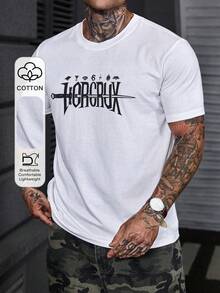 Camiseta de cuello redondo con estampado de letras para hombre, camiseta gráfica de verano, colaboración - Blanco - Ver 1
