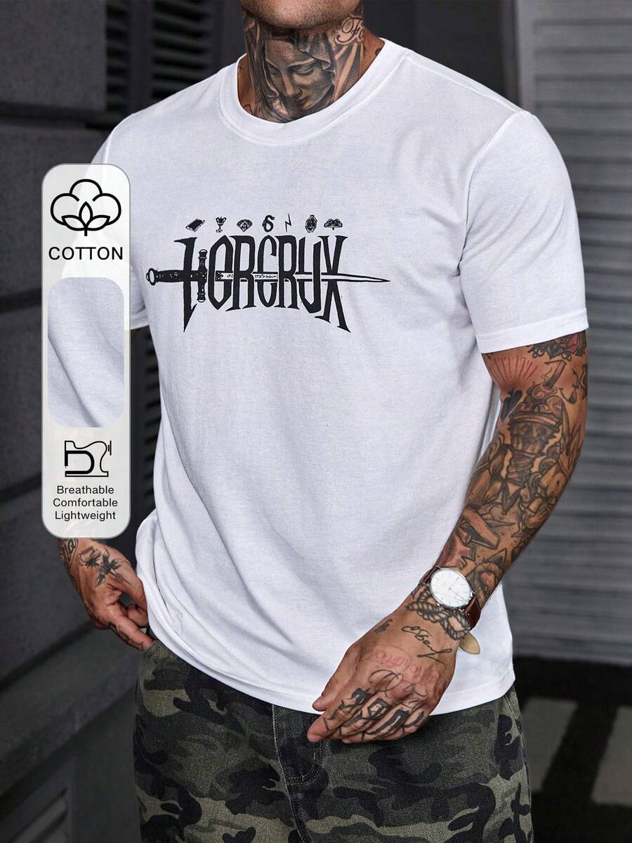 Camiseta de cuello redondo con estampado de letras para hombre, camiseta gráfica de verano, colaboración - Blanco - Ver 1