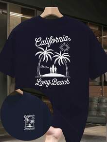 Camiseta de hombre con estampado de palmeras de Long Beach, California, diseño de doble cara, top de manga corta personalizado para uso casual por parte de entusiastas de las vacaciones y el - Negro - Ver 9