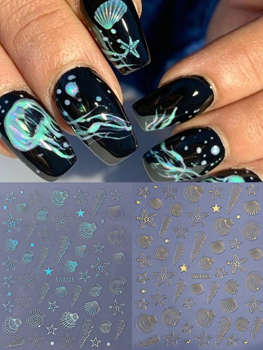 夏季海洋 3D 貝殼美甲貼紙 2 片裝 全息銀金色線條 螺殼海星 浮雕自黏式美甲貼片 海灘海洋主題 DIY 美甲裝飾配件 - 彩色 - 查看 1