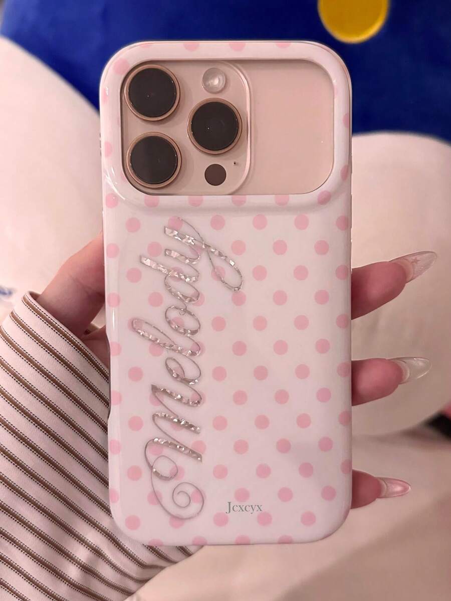 Cute Pink Polka Dot Shockproof Phone Case Compatible With IPhone 18 Pro Max 17 Pro Max 17 Pro 16 Pro 16 Pro Max 15 Pro Max 15 Pro 14 Pro Max 14 Pro 13 Pro Max 13 Pro 14 15 16 Plus 13 Y2K Vintage Letter Print Protective Cover For Girl Gift