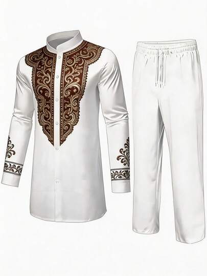 Floral Geometric Pattern Men's Two-Piece Set, African Dashiki Shirt And Pants Suit, Men's Outfit, A Must-Have Teenagers, Spring/Summer, Hig