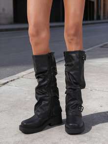 Black Pleated Mid-Calf Boots With Zipper, Thick Sole, Fashion Women's Boots, European & American Style, Autumn/Winter - Black - View 4