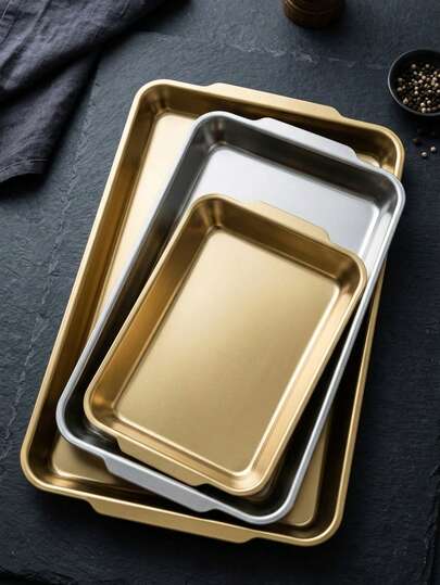 3pcs Premium Stainless Steel Gold/Silver Double-Ear Baking Tray Set, Thickened Rectangular Baking Sheet, Suitable For Multi-Function Oven And Outdoor BBQ Tray, Meat, Vegetables And Skewers