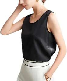 Charmeuse - playera sin mangas de satén para mujer, blusa de verano elegante de satén - Negro - Ver 7