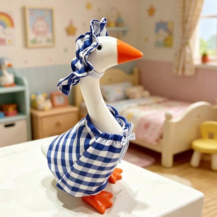 Desk Goose Summer Outfits Vintage Plaid Dress With Sun Hat Set For Farmhouse 7 Inches Mini Goose Statue - Blue - View 1