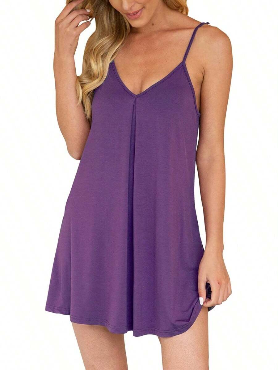Camisón AUHEGN para Mujer, Ropa de Dormir Holgada, Vestido de Pijama con Cuello en V, Camisón Suave sin Mangas - Verde militar - Ver 1