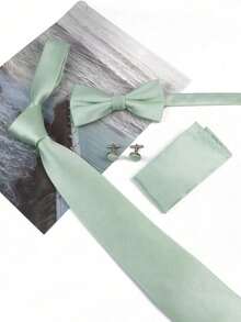 1pc Men's Sage Green 8cm Tie Set (Includes Tie, Bow Tie, Pocket Square, Cufflinks), Suitable For Wedding Groom, Groomsmen, Vacation, Party Wear - Mint Green - View 1