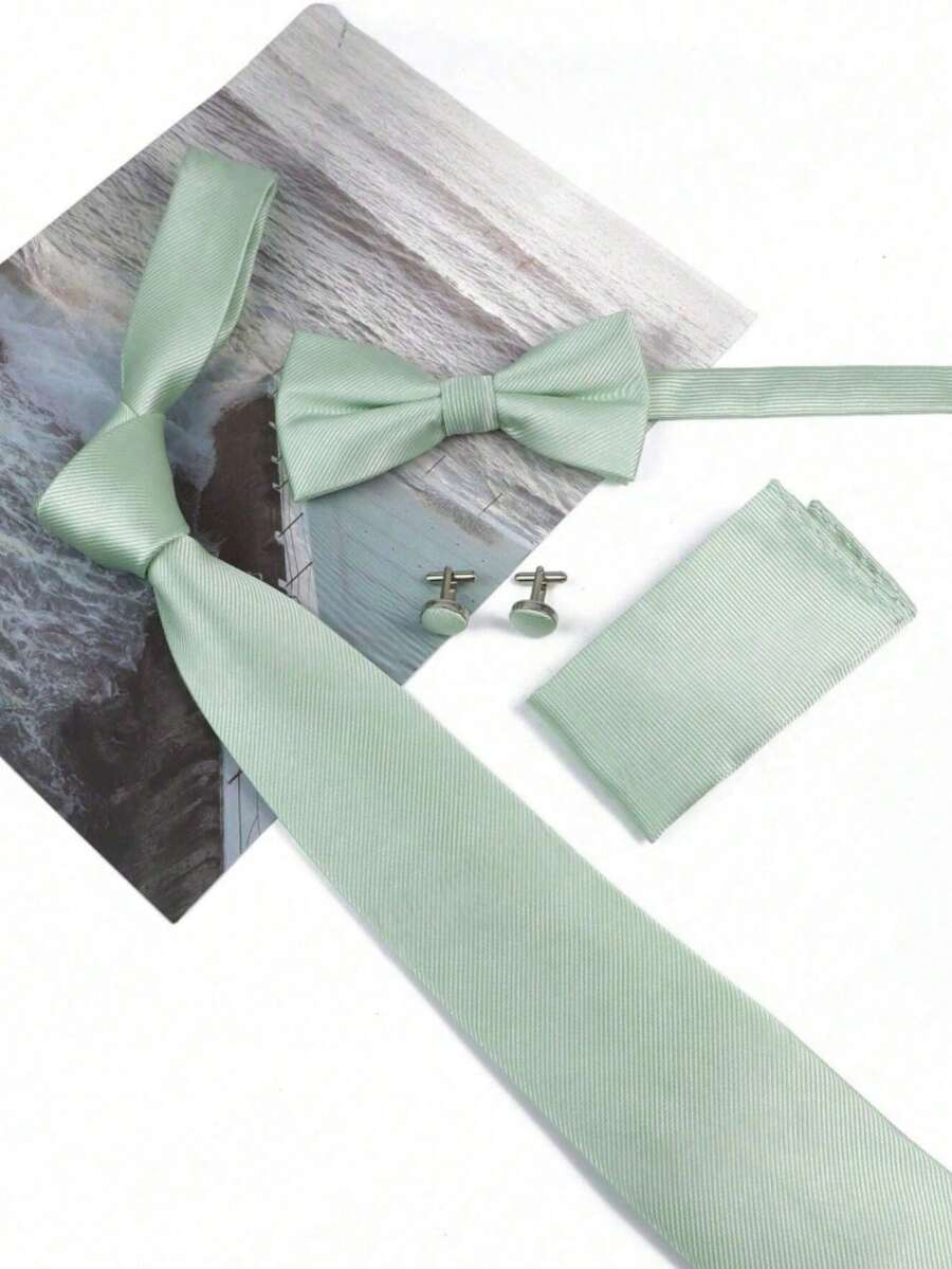 1pc Men's Sage Green 8cm Tie Set (Includes Tie, Bow Tie, Pocket Square, Cufflinks), Suitable For Wedding Groom, Groomsmen, Vacation, Party Wear - Mint Green - View 1