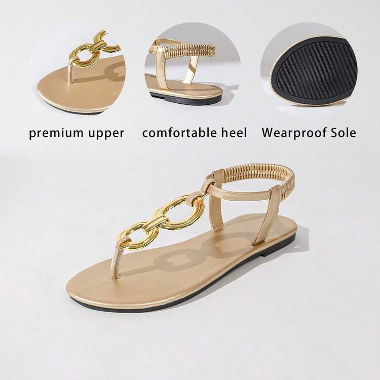 Light Luxury Double Ring Metal Buckle Thong Flat Sandals, Elastic Stretch Ankle Strap, High-End Elegant Roman Shoes For Shopping, Travel And Vacation - Gold - View 3