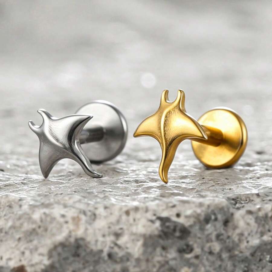 1PC ASTM F136 Titanium Manta Ray Flat Back Stud Push-In Internal Thread Labret Piercing Ear Cartilage Helix Jewelry - Threadless - View 1