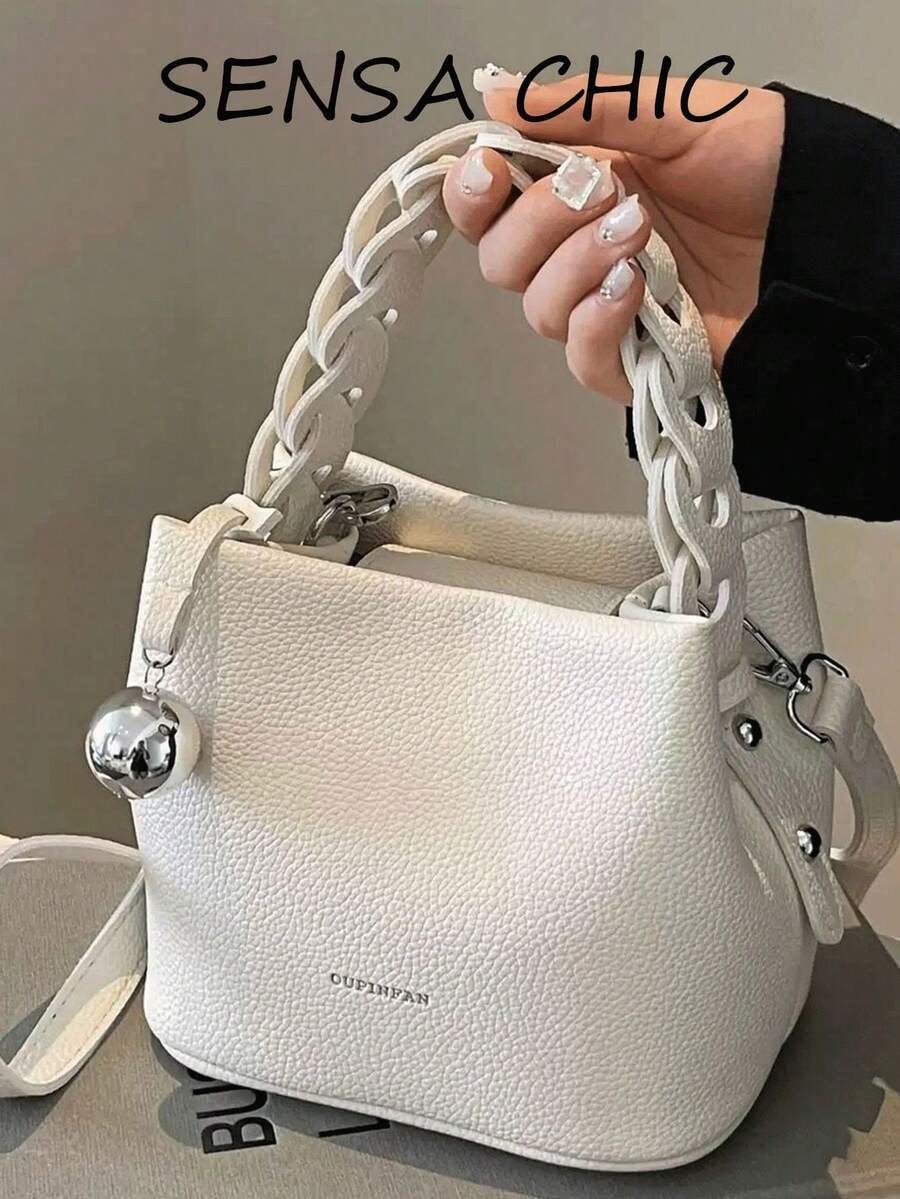 Portable Square Bag Made Of Waterproof PU Material With A Letter Pattern Design, Decorated With A Metal Pendant; A Stylish And Practical Handbag, Suitable For Business And Travel. - Rose Gold - View 1