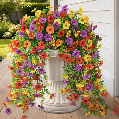 1/2pcs Artificial Hanging Flower Basket, Faux Silk Flowers With Eucalyptus And Violet, No Maintenance, UV Resistant, Non-Fading, Lifelike Indoor Spring/Summer Decor For Home Garden, Balcony, Wall, Patio, Porch