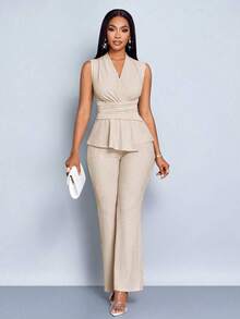 Conjunto de dos piezas de camiseta de manga larga con cuello en V elegante y pantalones de pierna ancha de color albaricoque para mujer, con - Negro - Ver 7